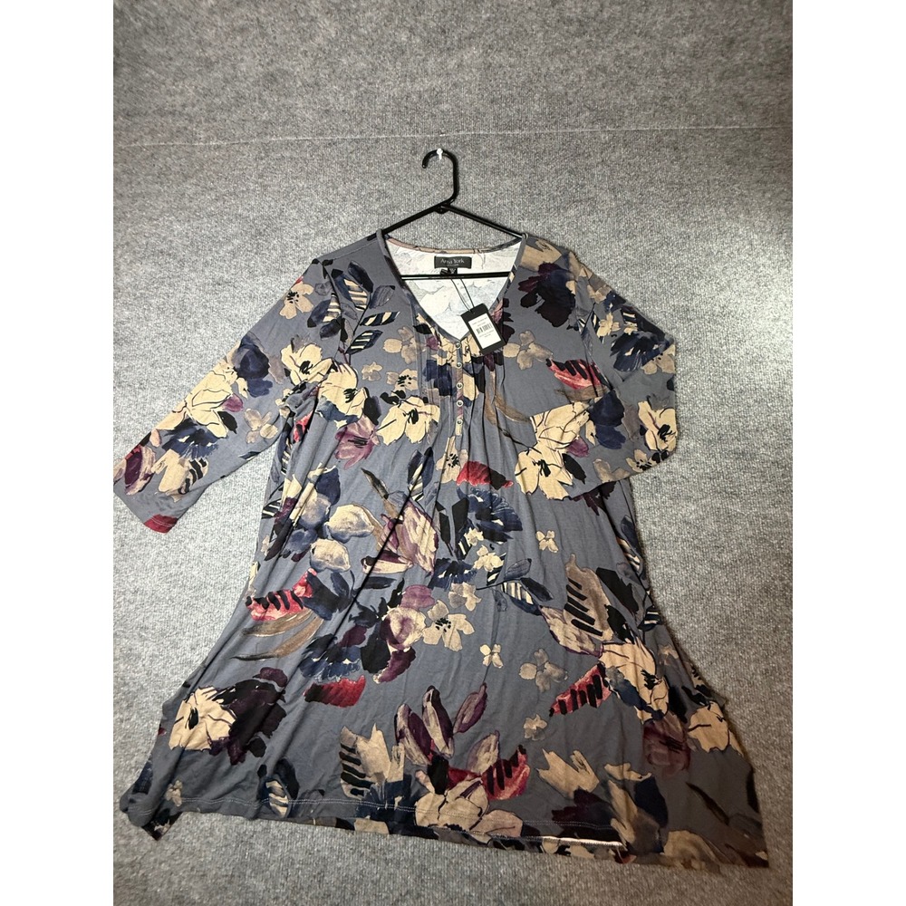 Arna York Valerie Floral Tunic Top Blue Grey V-Neck 3/4 Sleeve Plus Size 20 NEW